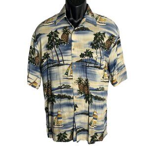 Vintage 90s UBC Button Up Hawaiian Camp Shirt M Cream Short Sleeves Pineapples